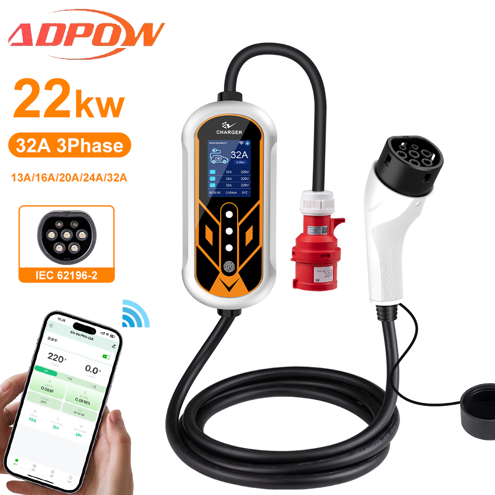 Portable Ev Charger 32A Type 2 Cee Plug - ADPOW แบบพกพา 32A Type2 EV Charger